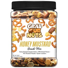 Grab Our Nuts Honey Mustard Snack Mix 28 Ounce Jar: Honey Roasted Sesame Sticks, HMO Pretzel Pieces, Mini Mustard Pretzels, Oyster Crackers