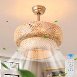 hualuosi Boho Caged Ceiling Fans 18.9" Rattan Ceiling Fan Bamboo Kitchen Light Fixture with Fan Fandelier with Lights and Remote 6 Speeds for Bedroom Nursery Living Room, E26 Base