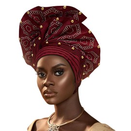 Nigerian headwear African headscarf,Auto Gele headband,hand wrap beaded - made for weddings parties events (Wine Red)