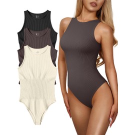 OQQ Women's 3 Piece Bodysuits Sexy Ribbed One Piece Sleeveless Halter Neck Tops Leotard Summer Trendy Black Tea leaf Beige