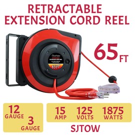 GreenProsper Retractable Extension Cord Reel,65 Feet 12 AWG/3C SJTOW Heavy Duty Power Cord,15 AMP Circuit Breaker, 3-Lighted Triple Outlets,Ceiling or Wall Mount Use Indoor/Outdoor,Red