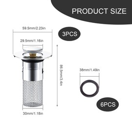 0XBIT Sink Strainer, Stainless Steel, 3 Pieces, 33 x 80 mm, Sink Strainer, Sink Strainer with Compression Spring Core Made of Brass, Hair Strainer, Sink for Kitchen, Bathroom and Balcony