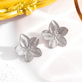TOFBS Earrings for Women 18K Gold Earrings Large Flower Earrings Metal Flower Stud Statement Earrings Hypoallergenic Fashion Jewellery, 18K Gold, Stainless Steel