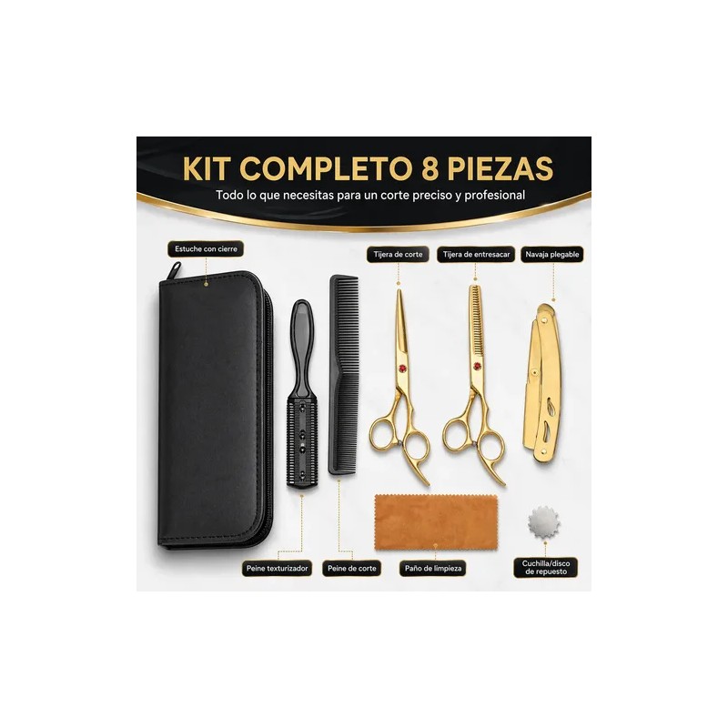 Tijeras Doradas De Barberia Y Kit 8 Pzas Cortar Cabello