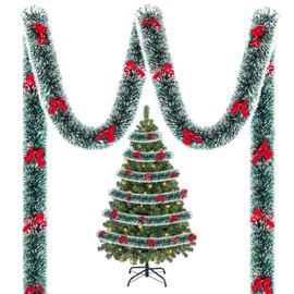 Christmas Tinsel Garland with 25 Red Bows Metallic Outdoor Christmas Garland Hanging Garland Christmas Decorations Vintage Tinsel Wreaths for Holiday Party (Dark Green, White)