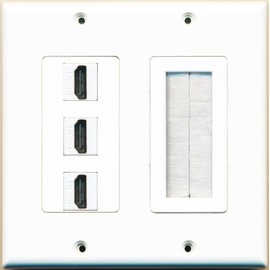 RiteAV - 3 Port HDMI + 1 Brush Wall Plate Female White Decorative 2 Gang