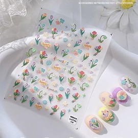 Flower Nail Art Stickers Decals 5D Flowers Nail Stickers Summer Floral Leaf Plant 5D Embossed Nail Decals Self-Adhesive Nail Art Supplies Flower Nail Art Nail Decorations 1 Sheet