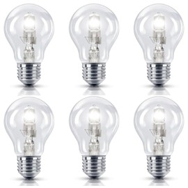 6 Pack 70W=(100W) ES E27 Eco Halogen A55 Bulbs, 100% Dimmable, 1200 Lumen, 2700K Warm White, AC 230V Halogen, Edison Screw, GLS Clear Round, for Lamps, Wall Lights, Pendants