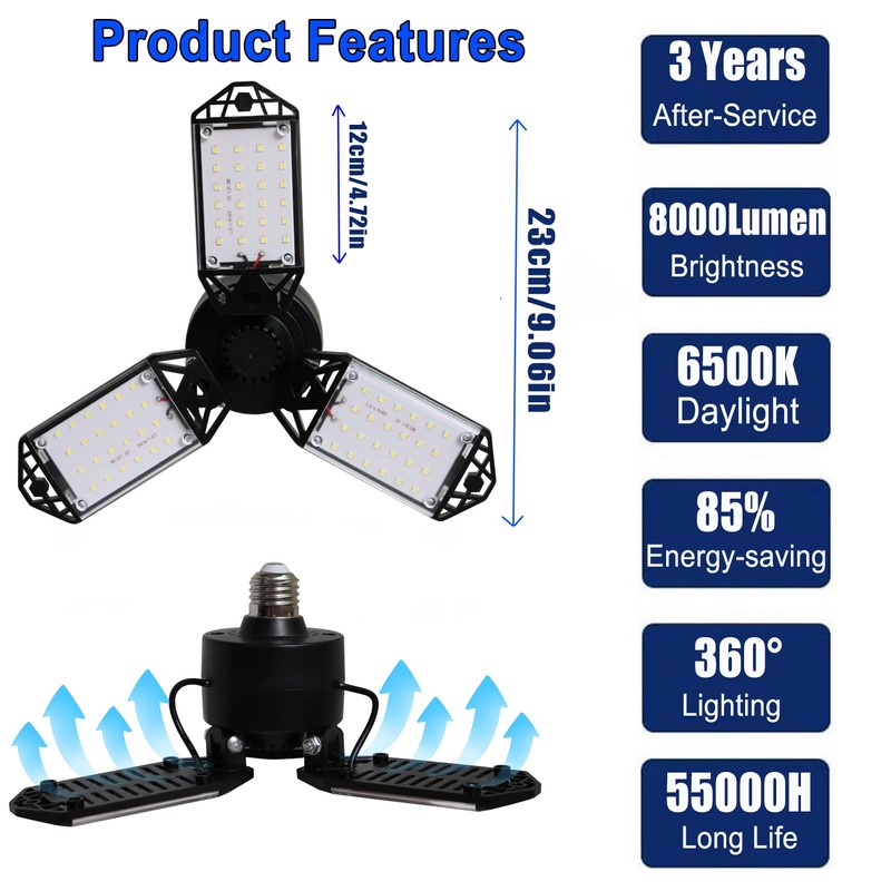 LED Garage Light, 80W 8000 Lumen Ceiling Lights with 3