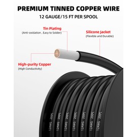 NAOEVO 12 Gauge Wire 90ft, 12 AWG Wire 6 Colors 15ft Each Spool, Flexible Silicone Tinned Copper Electrical Cable, Wiring kit for Breadboard/Automotive/DIY/Battery, 200℃