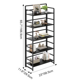 THKKY No Assembly Folding Bookshelf, 5 Tiers Collapsible Book Shelf for Home Office, Vintage Wood Foldable Bookcase Storage Organizer for Living Room Bedroom (Black)