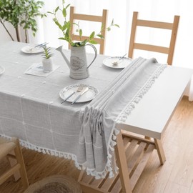 Oubonun Cotton Linen Rectangular Table Cloth, Wrinkle Resistant, Waterproof Tablecloth, Washable Farmhouse Table Cover with Tassels for Kitchen Dining Party, 55''x120'', 10-12 Seats, Grey