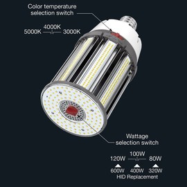 Satco S23145 Hi-Pro Wattage and Color Temperature Selectable LED Corncob Lamp, HID Replacement, EX39 Base, 120W/100W/80W, 3000K/4000K/5000K, (1 LED Light Bulb)