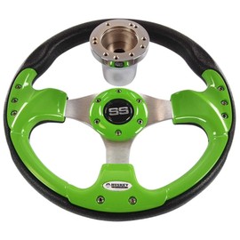 Huskey 12.5 Inch Lime Green Racing Style Golf Cart Steering Wheel for Club Car DS Gas & Electric Models 1982-Up, Classic Super Sport Center Logo, Brushed Aluminum Spokes and Anti-Slip Grip