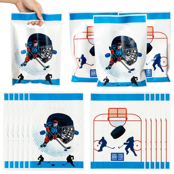 ArowlWesh 50Pcs Plastic Hockey Party Favor Bag Hockey Candy Treat Gift Bag with Handles Hockey Goodie Bags Cute Snack Bags for Hockey Themed Kids Birthday Party Decoration Supplies