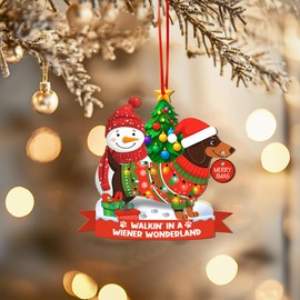 PERSONAL84 Dachshund Christmas Ornament, Walkin’ in a Wiener Wonderland, Custom Sausage Dog Xmas Tree Decoration, Festive Dachshund Wearing Sweater with Snowman, Gift for Pet Moms & Dog Lovers