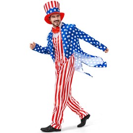 Boveco Uncle Sam Costume 4th of July for Men 6pcs Deluxe American Flag Suit Set Independence Day Patriotic for Party Cosplay XL