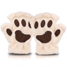 AffeGifts Cat Paw Gloves, Cosplay, Plush Therian Gloves, Cute Half Finger Cat Gloves, Fingerless Gloves, Women's Winter Gloves for Women and Teenage Girls, beige