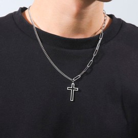 SIPURIS Cross Necklace for Men Egyptian Faith Cross The Eye of Horus Pendant Necklace Stainless Steel Ankh Cross Chain for Men Celtic Pentagram Crucifixion Women Christian Religious, Stainless Steel,