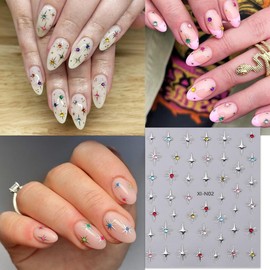 Star Nail Stickers 6 Sheets 3D Self-Adhesive Glitter Gold Silver Black White Stars Nail Art Design Stickers with Rhinestones Charms Aurora Star Nail Decals for Nail Art Decor Supplies DIY Accessories