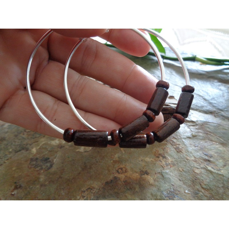 ★ 6 cm large brown ethnic boho wooden hoop earrings