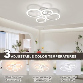 OUQI 48W 4 Ring Modern LED Ceiling Light, 2800-7000K Dimmable Flush Mount Kitchen Light Fixtures, White Round Chandelier Ceiling Lamp for Small Room, Kitchen, Bedroom