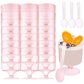 Mistari 50 Pack Clear Plastic Dessert Cups with Spoons, Mini Parfait Cups Pudding Cups for Cheesecake Yogurt Jello Mousse Snacks Fruit Trifle, No Lids (Pink High Footed Cups)