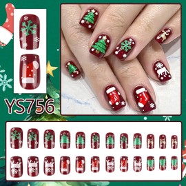 Christmas Press on Nails Medium Square Fake Nails with Snowflake Elk Stocks Christmas Tree Designs Red Xmas False Nail Winter Acrylic Artificial Stick on Nail for Women 24 Pcs