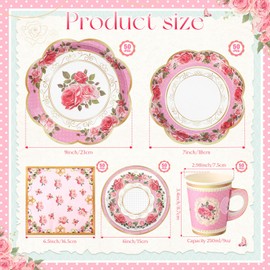 Honeydak 250 Pcs Tea Party Disposable Cups and Saucers Set Floral Tea Party Supplies 50 Guests Floral Tea Cups with Handle 9” 7” Floral Tea Paper Plates Saucers Napkins for Garden Birthday Wedding