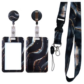 Badge Holder with Detachable Neck Lanyard Reel Clip, Retractable Vertical ID Card Holder Keychain Name Badge with Belt Clip, Work Office Nurse Medical Student Teacher Women Men Gifts (Black Marble)