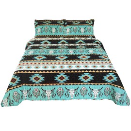 Western Peak Bull Skull Native Tribal Feather Artisan Southwestern Boho Design Quilt Bedding Set with Pillows (3 Piece Black Teal, Queen)