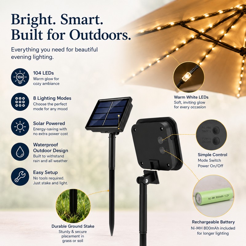 Solar Umbrella String Lights for Outdoor Décor – 104 LED