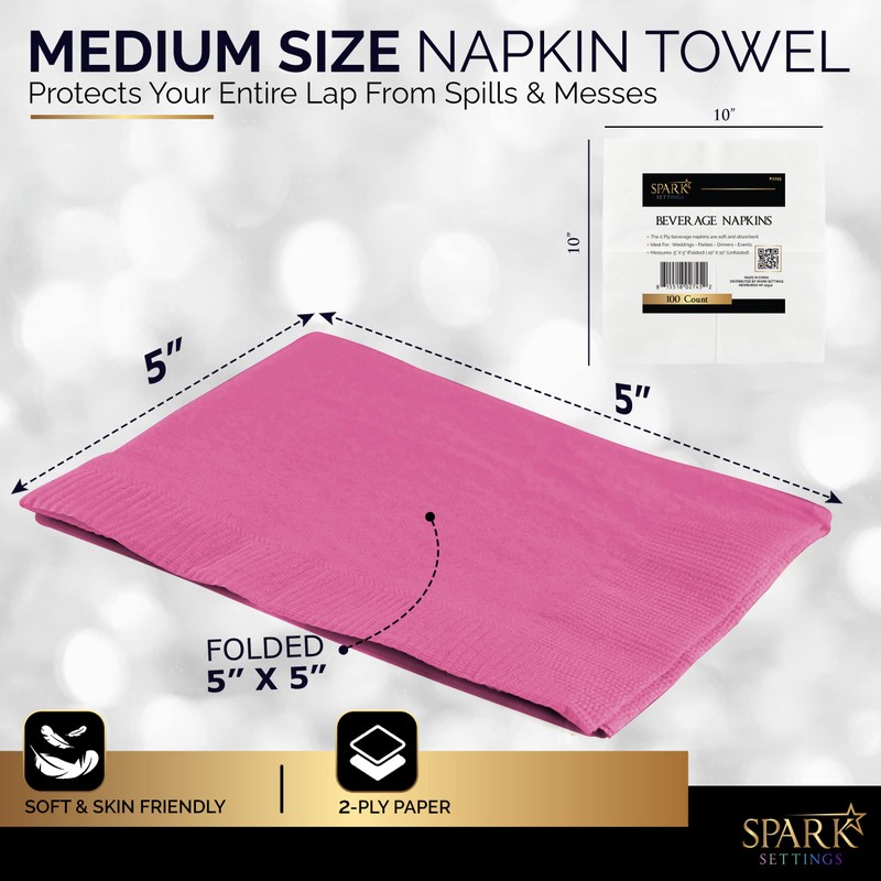 Cocktail Napkins Disposable, Bright Pink Beverage Napkins Soft and Absorbent