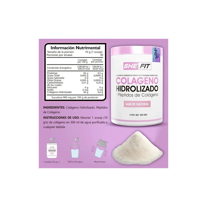 BHP Colageno Hidrolizado + Péptidos 300g Mujer Articulación Sabor Natural
