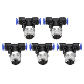 sourcing map 5pcs Air Line Fitting 6mm Tube OD x NPT 3/8 Thread PT4-U Pneumatic Male Branch Tee Quick Push to Connect Brass Air Line Hose for Industry Air System