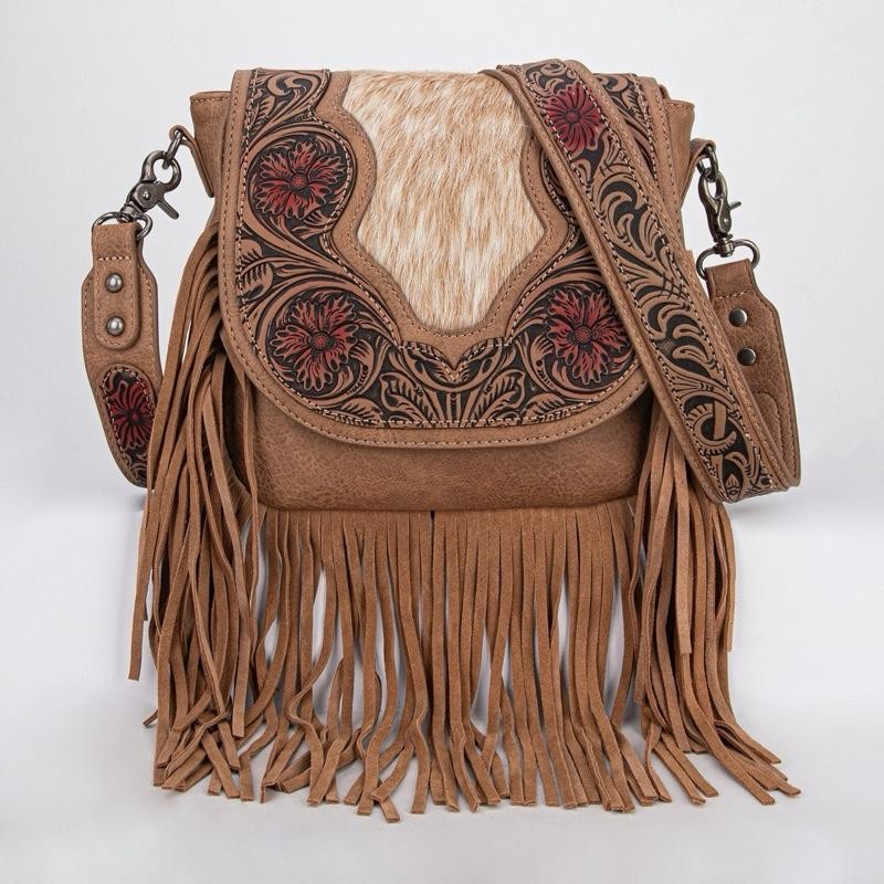 Montana West Genuine Hair-On Cowhide Tooled Fringe Crossbody Bag -