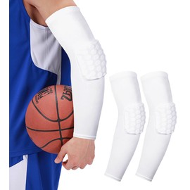 Padded Arm Sleeve Volleyball Arm Sleeves, 2 Pack Honeycomb Elbow Pads Elbow Braces, Basketball Sleeves Football Arm Sleeves (White, L)