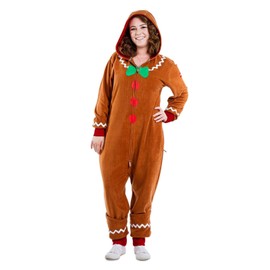 LYSINK Christmas Adults Kids Gingerbread Long Sleeve Zipper Hooded One Piece Outfit for Men Women Party Role-playing Jumpsuit (Ba Brown Women, M)
