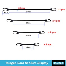 Joneaz Mini Bungee Cords with Hooks 2 inch 4 inch 6 inch 9 inch, Assorted 18-Piece Set Package of Small Bungee Cords