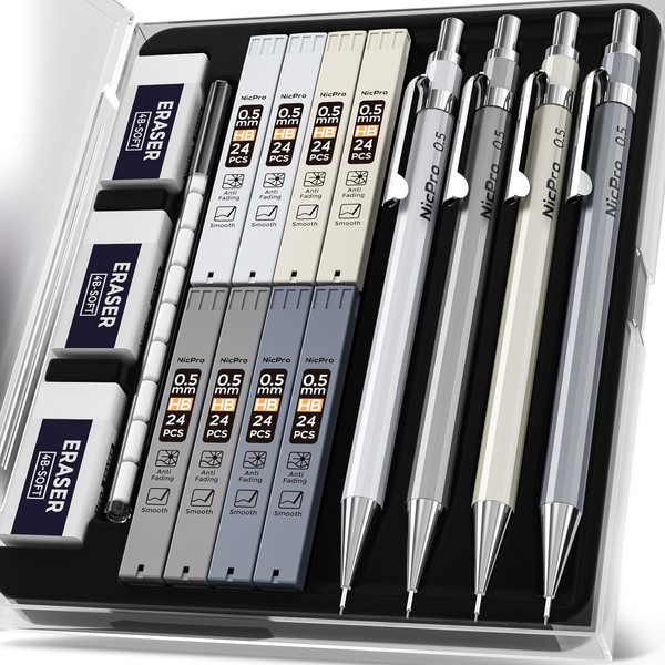 Nicpro 4PCS Metal Mechanical Pencils Set 0.5 mm, Lead Drafting