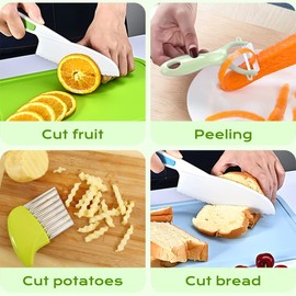 Claumeng 7 Pieces Kids Cooking Cutter Set,Safe BPA-Free Reusable Montessori Kitchen Tools with Wooden Cutter Serrated Cutter,Toddler Kitchen Cutter Set for Cutting Fruit Vegetable Dessert(Green)