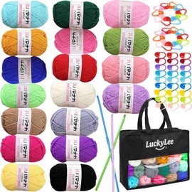 Crochet Wool (18X25g, 4-Ply), Multicoloured Acrylic Yarn Double Knitting Wool, Crochet Yarn with Carry Bag, Aluminum Crochet Hooks Stitch Markers, Ombre Color Yarn for DIY Craft Blankets Socks Dolls