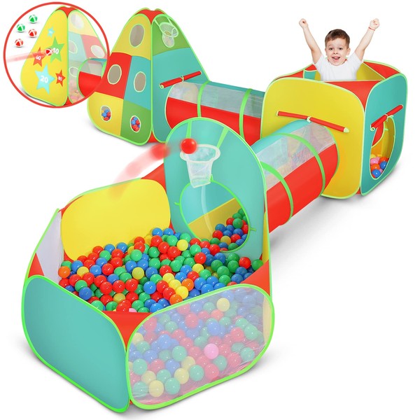 Kiddzery 5pc Tunnel and Ball Pit Play Tent | Toddler Jungle Gym Tunnels to Crawl Through with Tents for Kids, Toddlers, Infants Boys & Girls | Indoors & Outdoors Gift | Target Game with 4 Dart Balls