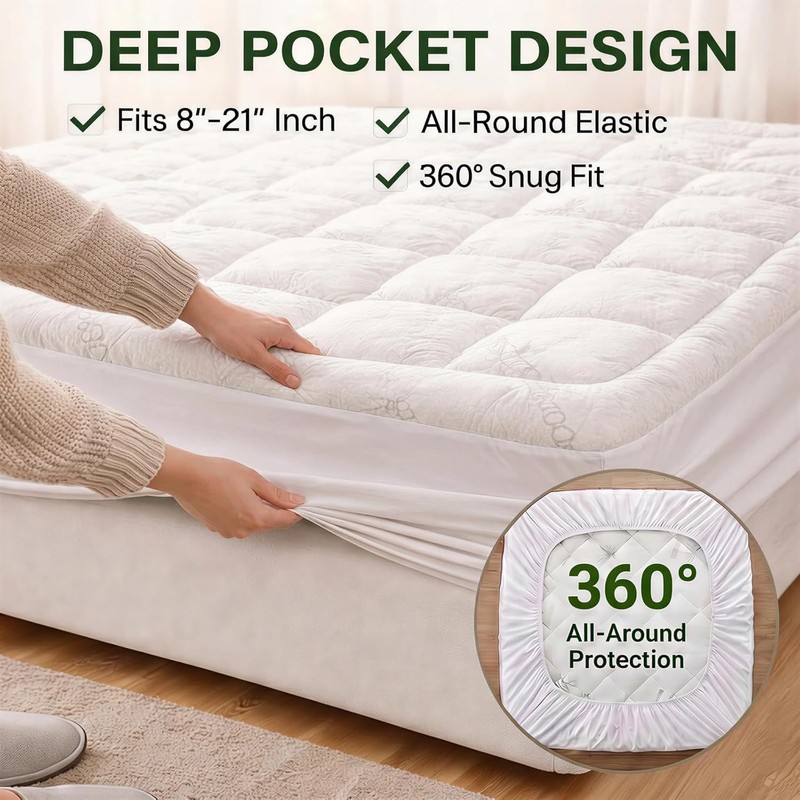 Waterproof Mattress Topper Queen - Extra Thick Breathable Bamboo Mattress