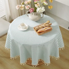 meioro Round Tablecloth Solid Color Tablecloths Tassel Table Cover Cotton Table Cover Multi-Purpose Indoor and Outdoor(Green/White Stripes,Diameter 150cm)
