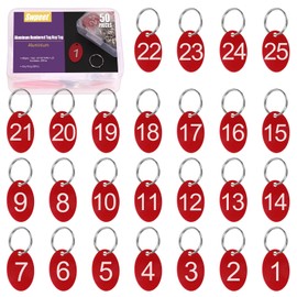Swpeet 50Pcs 1-25 Number Red Oval Aluminum Number Tags with Key Rings Assortment Kit, Metal Keychain Tag with Keyrings Numbered Key Tags ID Tags for Coding, Decoration