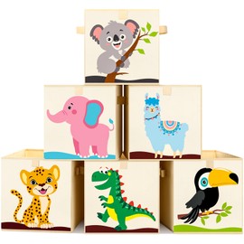 Kigley 6 Pcs Collapsible Cube Storage Bins Kids Foldable Storage Cube Organizer Fabric Toy Box Decorative Kids Storage with Handles for Home Nursery Bedroom, 10.6 x 10.6 Inch(Classic Animal)