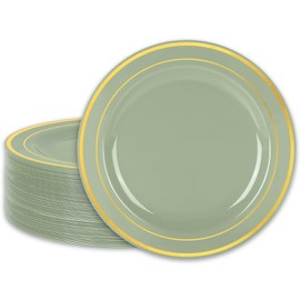 FYSUIMU 50Pcs Sage Green Plastic Plate Gold Foil Border Disposable Dessert Plate 7.25 In Salad Appetizer Plate for Bridal Shower Wedding Party Supplies Table Decor