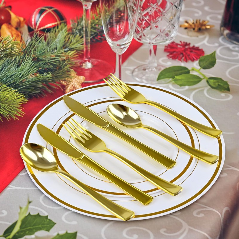 Pre Rolled Gold Plastic Silverware with Red Napkins, 100Pack Red