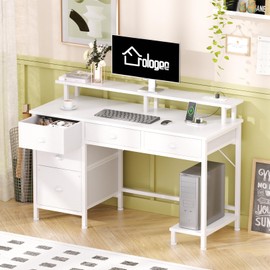 Furologee White Computer Desk with 5 Drawers,47in Gaming Desk with LED Light & Power Outlets,Home Office Desk with Monitor Stand and Storage Shelf,Study Writing Table for Bedroom Studio